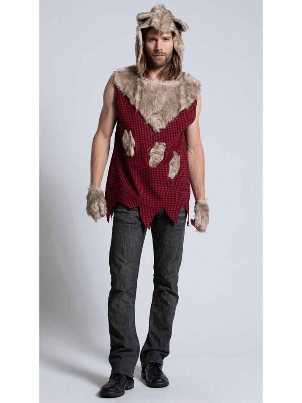 NEW Men's Sexy Bad Wolf Costume SZ XXL Faux Fur Hooded Tunic Missing Gloves